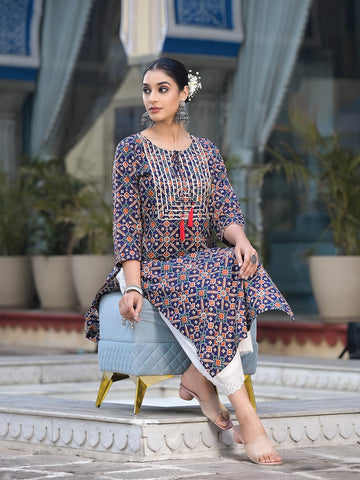 Varanga Women Blue And Beige Abstract Printed Kurta With Gota Work On Yoke And 3/4Th Sleeves